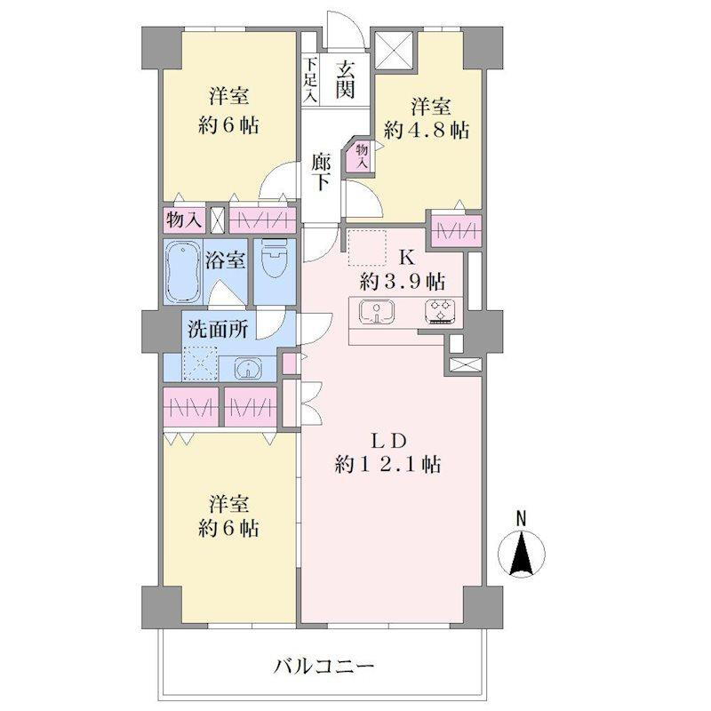 横浜南ガーデン 3LDK、価格4790万円、専有面積75.19m<sup>2</sup>、バルコニー面積8.96m<sup>2</sup> 75平米超3LDKタイプです♪（洋室1室は納戸表記となります）