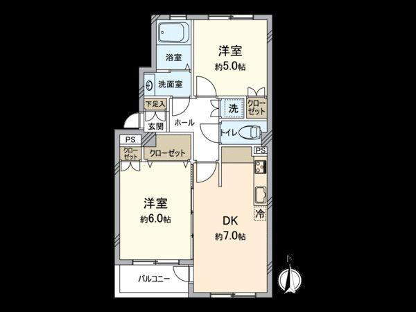 富岡シーサイドコーポ　Ｈ棟 2DK、価格1599万円、専有面積52.34m<sup>2</sup> 間取り