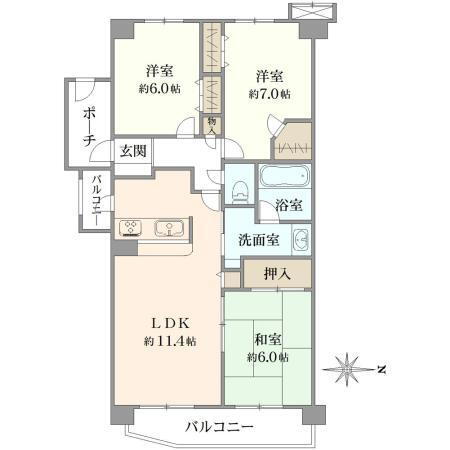 ナイスアーバン古淵 3LDK、価格2598万円、専有面積72m<sup>2</sup>、バルコニー面積9.33m<sup>2</sup> 間取り図