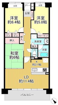 グラン・コート八千代緑が丘 3LDK、価格1540万円、専有面積73.65m<sup>2</sup>、バルコニー面積9.3m<sup>2</sup> 