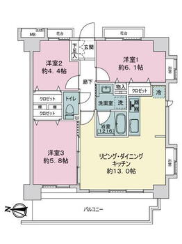 浦和プリンスハイツ 3LDK、価格1998万円、専有面積62.34m<sup>2</sup>、バルコニー面積12.16m<sup>2</sup> 