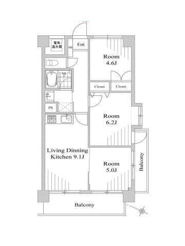 ライオンズマンション小田原西湘海岸 3LDK、価格1099万円、専有面積56.1m<sup>2</sup>、バルコニー面積10.71m<sup>2</sup> 南西向き角住戸、2面バルコニーで風通し良く、陽当たりの良い3LDK。リフォーム済で快適な室内です。
