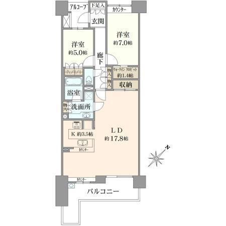 パークスカイタワー・松戸 2LDK、価格6200万円、専有面積80.6m<sup>2</sup>、バルコニー面積12.89m<sup>2</sup> 間取り図