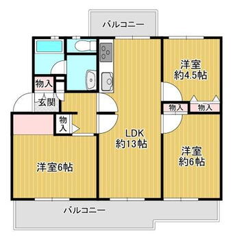 内野中央団地 3LDK、価格880万円、専有面積66.83m<sup>2</sup>、バルコニー面積16.28m<sup>2</sup> 南北2面にバルコニーで通風良好。LDKと洋室2部屋が南向き、浴室・トイレは窓付で明るいです。