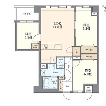 サンヴェール人形町グランデ 3LDK、価格1億2500万円、専有面積72.91m<sup>2</sup>、バルコニー面積4.59m<sup>2</sup> 壁芯：72.91m2の3LDK。収納スペースが多くあって広々とお住まいいただけます。