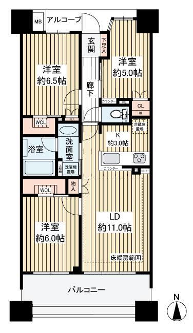 ノブレスタワー宇都宮本町ミッドパーク 3LDK、価格3190万円、専有面積68.25m<sup>2</sup>、バルコニー面積12m<sup>2</sup> 使い勝手の良い３LDKタイプ
