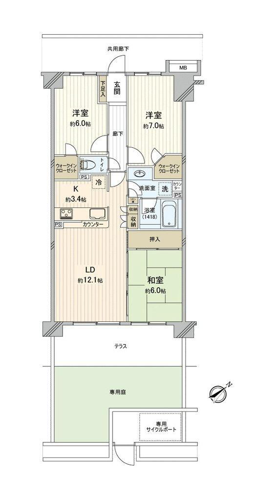 浜野レジデンス 3LDK、価格2490万円、専有面積75.6m<sup>2</sup>、バルコニー面積12.6m<sup>2</sup> 専有面積約75平米、専用庭のあるお部屋です
