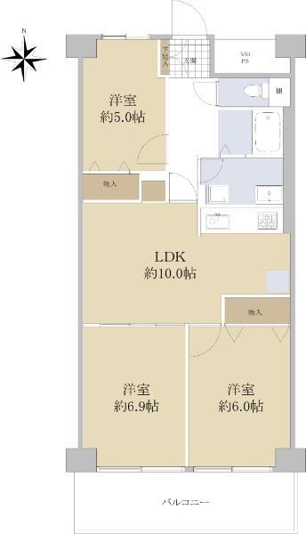 マンハイム大宮 3LDK、価格1899万円、専有面積64.4m<sup>2</sup>、バルコニー面積7.84m<sup>2</sup> 