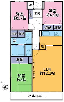 ライオンズマンション若葉台 3LDK、価格1180万円、専有面積71.84m<sup>2</sup>、バルコニー面積7.08m<sup>2</sup> 全居室収納付きの3LDKです。荷物が多い子育て世代や趣味道具の多い方にも嬉しいですね。