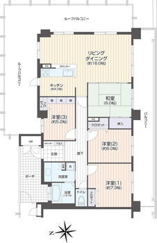 サーパス天川原 4LDK、価格2365万円、専有面積99.12m<sup>2</sup>、バルコニー面積25.16m<sup>2</sup> ３面バルコニー、４ＬＤＫ、最上階、南・東角住戸、