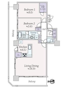 セレストタワー湘南平塚 2LDK、価格3780万円、専有面積76.19m<sup>2</sup>、バルコニー面積27.42m<sup>2</sup> 北・西側に設置された引き回しバルコニーに全居室が面する、開放的で風通しの良い住まいです。LDKは約21.4帖の広々空間。WICやSICなど収納豊富。全居室に収納スペースが備…