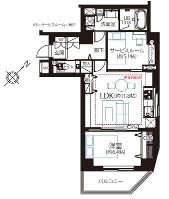 ジェイパーク文京白山 1LDK+S（納戸）、価格1億1000万円、専有面積58.96m<sup>2</sup>、バルコニー面積5.77m<sup>2</sup> 