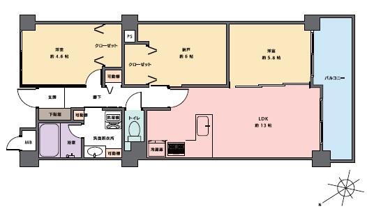 バンベール町田 3LDK、価格2480万円、専有面積69.26m<sup>2</sup>、バルコニー面積9.63m<sup>2</sup> ～間取図～