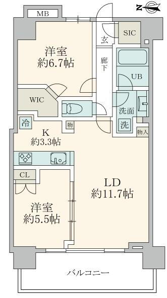 浅草タワー 2LDK、価格9980万円、専有面積61.74m<sup>2</sup>、バルコニー面積11.04m<sup>2</sup> 