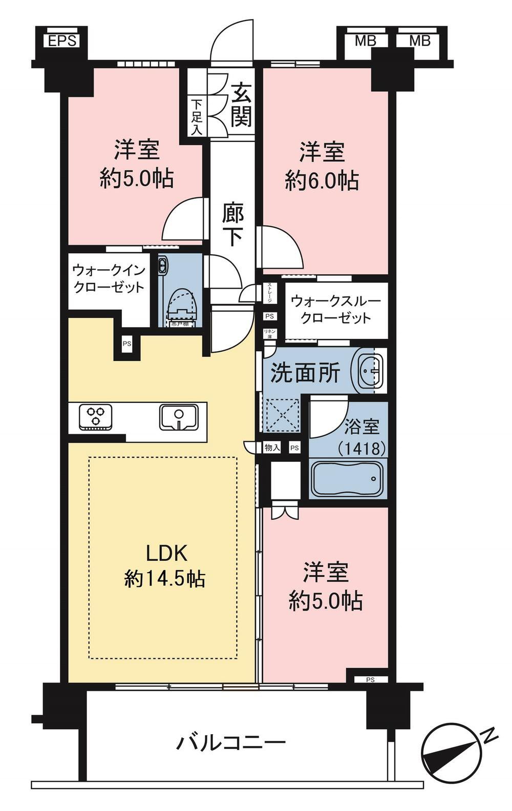 クリオ横濱本牧 3LDK、価格4800万円、専有面積68.4m<sup>2</sup>、バルコニー面積9.67m<sup>2</sup> WIC・WTC付きの収納豊富な3LDK。洋室の引き戸を開ければ広々としたリビングとしてお使い頂けます。
