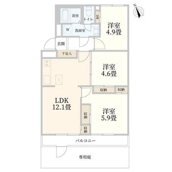 ライオンズマンション江田第２ 3LDK、価格1980万円、専有面積60.56m<sup>2</sup>、バルコニー面積6.2m<sup>2</sup> 専有面積60.56m2／3LDK＋専用庭