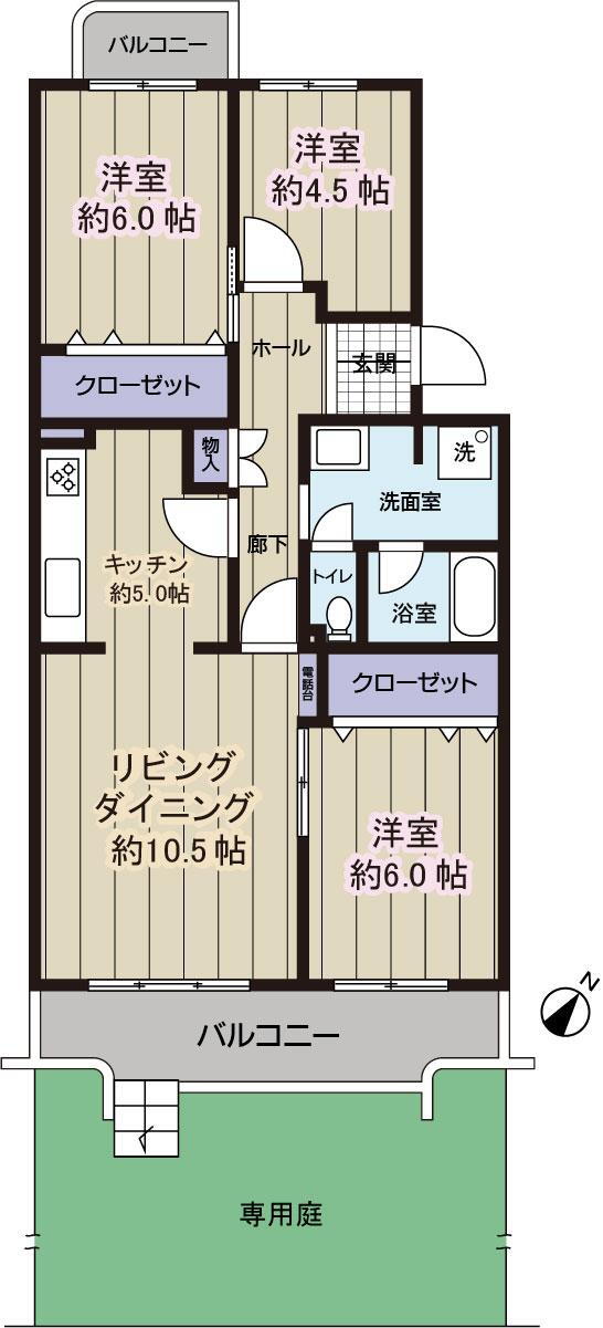 エステート貝取２ 3LDK、価格2580万円、専有面積74.72m<sup>2</sup>、バルコニー面積11.02m<sup>2</sup> お部屋は１階部分。専用庭付き。全居室洋室です。