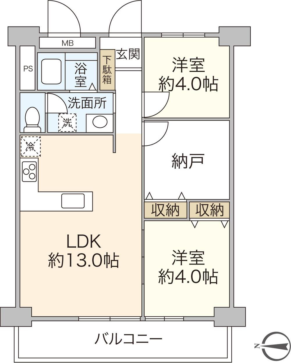 宇喜田住宅 2LDK+S（納戸）、価格3100万円、専有面積58.34m<sup>2</sup>、バルコニー面積9.6m<sup>2</sup> 