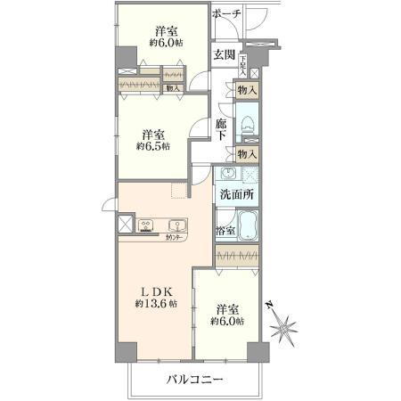 ハーズ赤門町 3LDK、価格4999万円、専有面積72.63m<sup>2</sup>、バルコニー面積6.61m<sup>2</sup> 間取り図