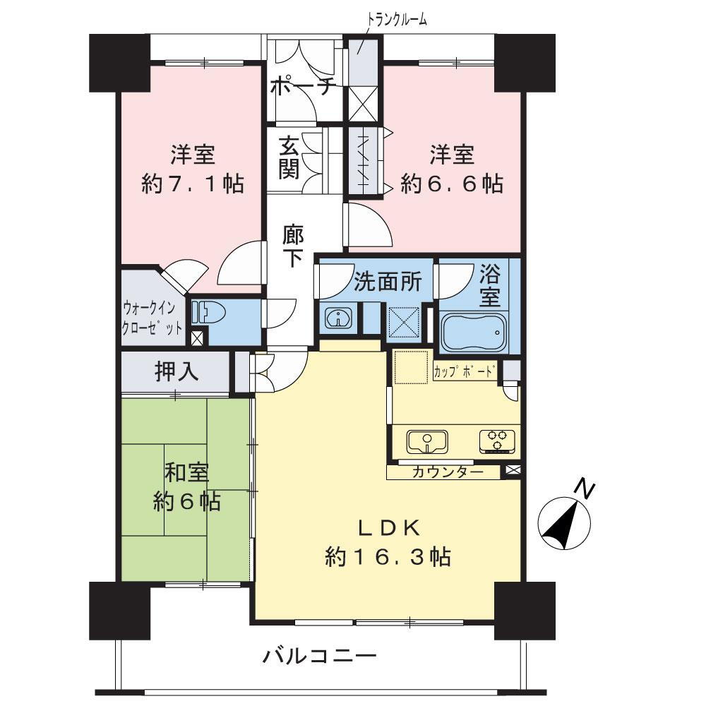 エスタテラ湘南台オーシャンコート 3LDK、価格5290万円、専有面積78.57m<sup>2</sup>、バルコニー面積12.28m<sup>2</sup> お部屋は7階部分、南東向きで陽当り眺望良好な3LDK。