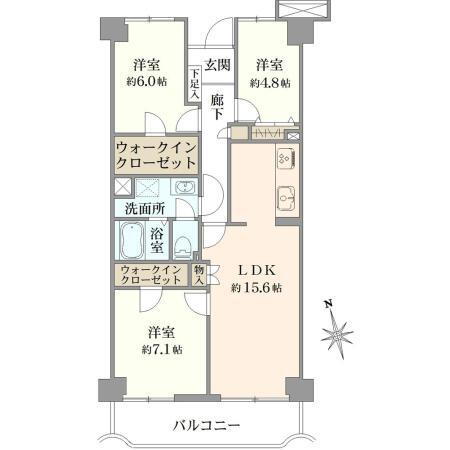 鎌倉岩瀬ハイツ 3LDK、価格4690万円、専有面積78.1m<sup>2</sup>、バルコニー面積8.08m<sup>2</sup> 間取り図