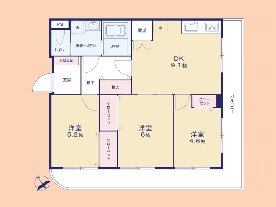 ライオンズマンション瀬谷 3DK、価格1599万円、専有面積56.57m<sup>2</sup> 角部屋・２面バルコニーつき日当たり良好で開放的な住まい！収納スペースも豊富にございます♪