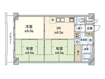 シーサイドパレス平塚 3DK、価格1390万円、専有面積52.25m<sup>2</sup>、バルコニー面積4.96m<sup>2</sup> 間取図