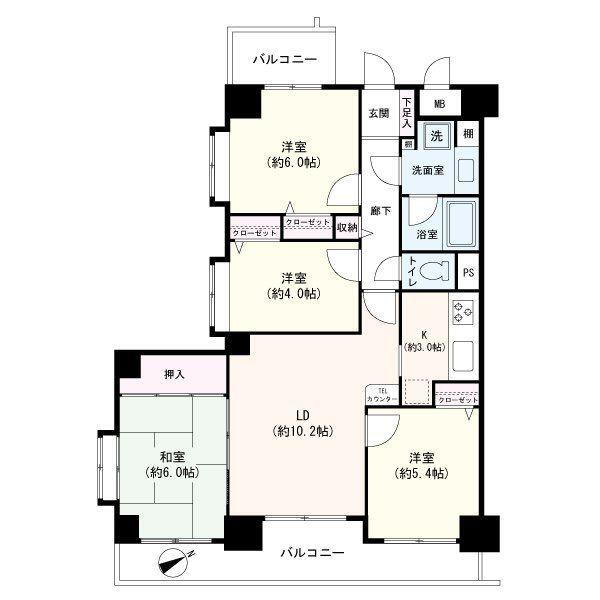 コスモ浦和根岸　弐番館 4LDK、価格4280万円、専有面積76.2m<sup>2</sup>、バルコニー面積14.3m<sup>2</sup> 角部屋・東南向きのお部屋です。ご家族そろってゆったりと過ごせそうです。