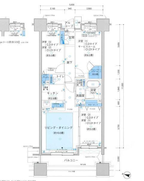 クレストシティタワーズ横浜 3LDK、価格4680万円、専有面積63.44m<sup>2</sup>、バルコニー面積9.1m<sup>2</sup> 間取り図