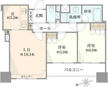 ファミール新宿グランスィートタワー 2LDK、価格1億2500万円、専有面積56.32m<sup>2</sup>、バルコニー面積7.26m<sup>2</sup> 間取り図