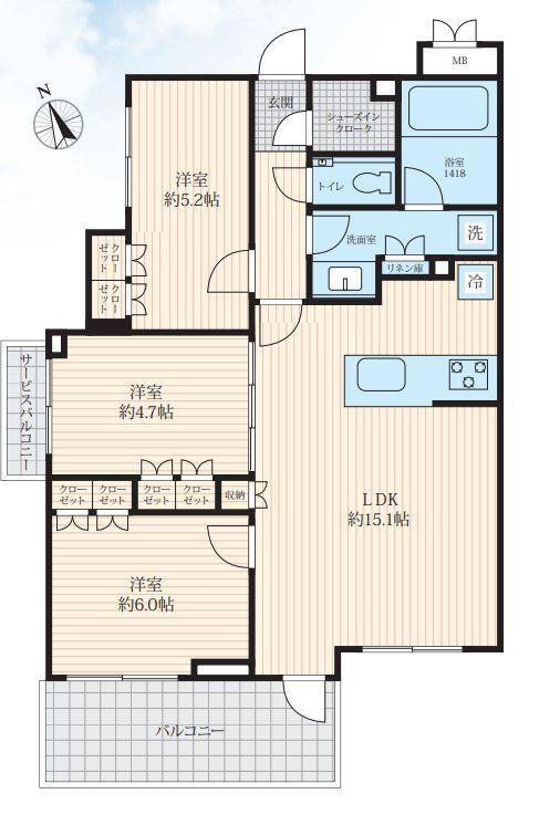 プレシス千歳船橋 3LDK、価格8480万円、専有面積66.79m<sup>2</sup>、バルコニー面積8.69m<sup>2</sup> ご家族のそれぞれのライフスタイルを考慮できるよう、「水回りと寝室をまとめたプライベート空間」と「家族や友人が集まるパブリックな場であるLDK」が中央の廊下を挟んで区切られた間…
