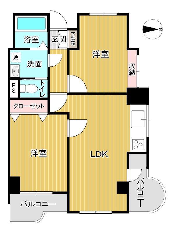 赤坂クラウンズマンション　５階部分 2LDK、価格1190万円、専有面積45.03m<sup>2</sup>、バルコニー面積9.33m<sup>2</sup> 2LDK、2面バルコニー