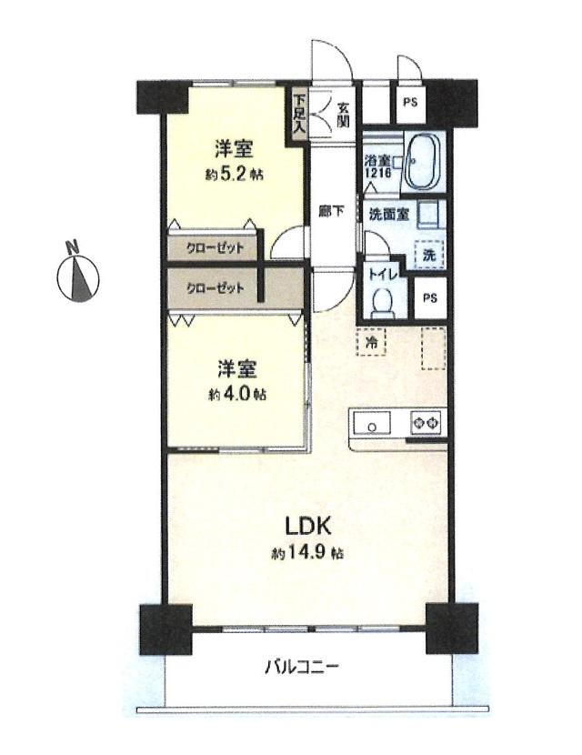 わらび住宅 2LDK、価格1980万円、専有面積58.32m<sup>2</sup>、バルコニー面積5.94m<sup>2</sup> LDKと洋室を合わせて約18.9帖！広々と使えます！
