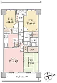 ファミール野田 3LDK、価格1280万円、専有面積67.12m<sup>2</sup>、バルコニー面積9.3m<sup>2</sup> 専有面積67.12平米の3LDK。各居室に収納スペース付きで住空間もスッキリ広々。