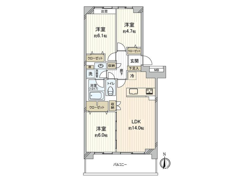 ガーデンポート　Ⅰ番館 3LDK、価格4780万円、専有面積67.53m<sup>2</sup>、バルコニー面積10.8m<sup>2</sup> 間取図