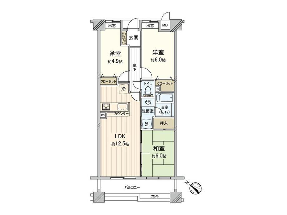 レクセルマンション愛甲石田第２ 3LDK、価格1650万円、専有面積64.38m<sup>2</sup>、バルコニー面積7.94m<sup>2</sup> 専有面積６４．３８平米の３ＬＤＫのお部屋です。