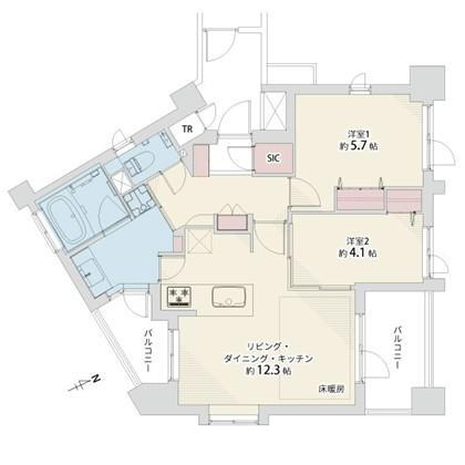 サンクタス本郷 2LDK、価格1億2480万円、専有面積56.56m<sup>2</sup>、バルコニー面積9.71m<sup>2</sup> 2LDK+TR+SIC、専有面積56.56m<sup>2</sup>、バルコニー面積9.71m<sup>2</sup>、室内リノベーション