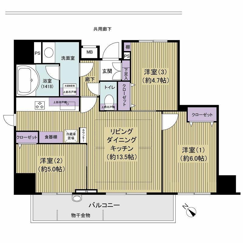 ヴァルセーナ新小岩 3LDK、価格4480万円、専有面積63.28m<sup>2</sup>、バルコニー面積8.84m<sup>2</sup> 