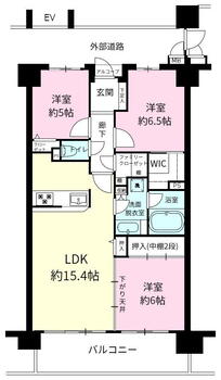 サーパス弁天町　中古マンション 3LDK、価格1790万円、専有面積74.1m<sup>2</sup>、バルコニー面積11.7m<sup>2</sup> 15.4帖の広々LDKは自然とご家族が集まる空間。ファミリークローゼットやウォークインクローゼットなど収納が各所にあり、住環境はスッキリです！