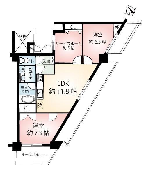 ドムール浅草Ⅱ 2LDK+S（納戸）、価格6780万円、専有面積63.15m<sup>2</sup> 各部屋採光が取れる事と、広いルーフバルコニーもお部屋の特徴の1つです♪