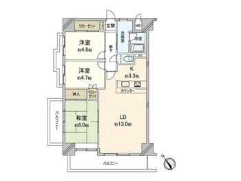 パークヒルズ若松原 3LDK、価格1090万円、専有面積72.45m<sup>2</sup>、バルコニー面積13.51m<sup>2</sup> 間取図