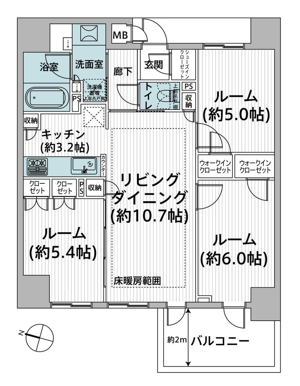 フェアリーガーデン横濱阪東橋 1LDK+2S（納戸）、価格5490万円、専有面積66.24m<sup>2</sup>、バルコニー面積7.2m<sup>2</sup> 家事動線も考えられた間取りです