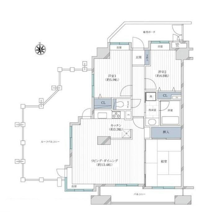 ライオンズマンション府中宮町　当社のグループ会社保有住戸 3LDK、価格5799万円、専有面積72.65m<sup>2</sup>、バルコニー面積7.54m<sup>2</sup> 専有面積７２．６５平米の３ＬＤＫタイプ。室内は新規リフォーム済です。大きなルーフバルコニーを備えた４階角部屋で、陽当たりも眺望も良好です。
