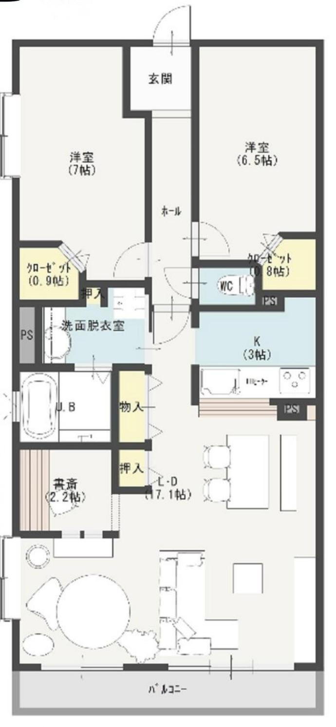 ビクトリアヒルズ横濱サウスＥ棟 2LDK+S（納戸）、価格3328万円、専有面積74.79m<sup>2</sup>、バルコニー面積11.6m<sup>2</sup> おうち時間が増えた今、おひとり様からの需要も高まっているタイプの間取りです