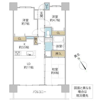 ロータリーパレス日立　１５０２号室 3LDK、価格1880万円、専有面積67.34m<sup>2</sup>、バルコニー面積13.4m<sup>2</sup> 