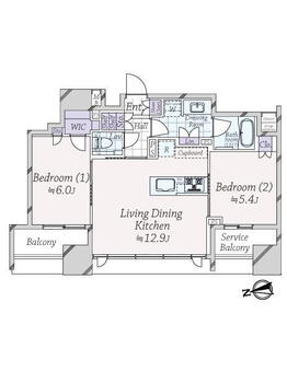 クラッシィハウス大手町 2LDK、価格1億4500万円、専有面積54.8m<sup>2</sup>、バルコニー面積4.61m<sup>2</sup> 