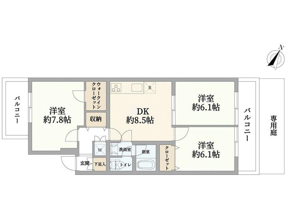 宮崎台ローヤルパレス 3DK、価格2380万円、専有面積61.56m<sup>2</sup>、バルコニー面積11.42m<sup>2</sup> 