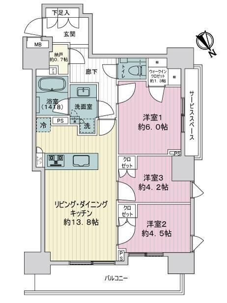 パークタワー山王 3LDK+S、価格1億980万円、専有面積68.19m<sup>2</sup>、バルコニー面積10.56m<sup>2</sup> 