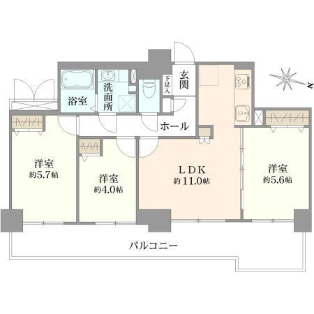 サンフィール大宮宮原 3LDK、価格5090万円、専有面積60.84m<sup>2</sup>、バルコニー面積16.82m<sup>2</sup> 間取り図