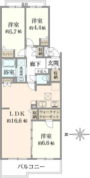 コスモ浦和原山ウエストウイング 3LDK、価格2190万円、専有面積72.44m<sup>2</sup>、バルコニー面積6.97m<sup>2</sup> 間取り図